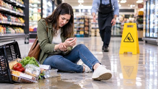 A woman sitting on a wet grocery store floor after a slip-and-fall accident, holding her injured wrist in pain, with spilled groceries beside her and a wet floor caution sign nearby, while a store employee walks over in the background, representing proving a property owner's notice of a hazard
