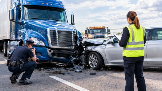 A police officer and a woman in a safety vest inspecting a damaged semi-truck and a silver car after a truck accident on a highway, representing who is liable in an Illinois truck accident case