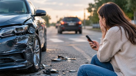 A distressed woman sitting on the road next to her damaged car, holding her phone to call for help, while the other vehicle involved in the crash drives away in the background, representing a hit-and-run accident