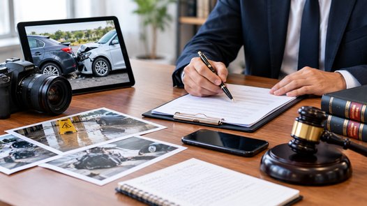 A lawyer's desk with a hand signing a clipboard document, a tablet showing a car accident photo, a camera, printed accident scene photos, a smartphone, a notepad, and a gavel with law books, representing the evidence used to prove negligence in a personal injury case