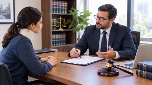 A personal injury attorney reviewing a settlement worksheet with a client at his desk, with law books, a gavel, and scales of justice in the background, representing how lawyers calculate the value of a claim
