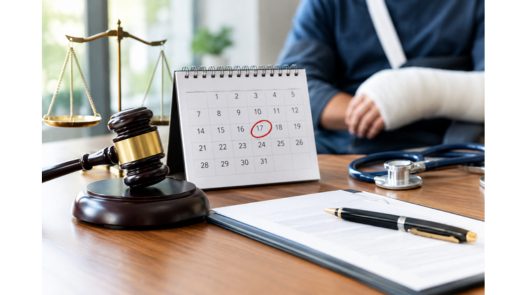 A judge's gavel, a calendar with a filing deadline circled, and a medical case file on a desk, representing the personal injury statute of limitations
