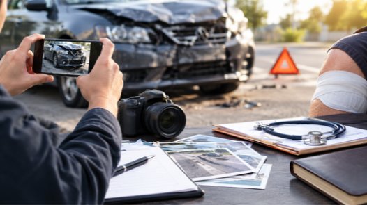 A close-up of a person's hand holding a smartphone to photograph a damaged vehicle at an accident scene, with a camera, medical documents, and an injured arm in a sling on the table, representing evidence gathering for a personal injury claim