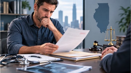 A man reviewing paperwork across the desk from an attorney, with the Chicago skyline and an outline of Illinois in the background, representing a denied personal injury insurance claim
