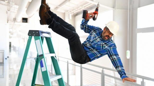 man falls dramatically from ladder at work