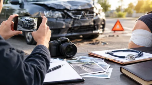 A close-up of a person's hand holding a smartphone to photograph a damaged vehicle at an accident scene, with a camera, medical documents, and an injured arm in a sling on the table, representing evidence gathering for a personal injury claim