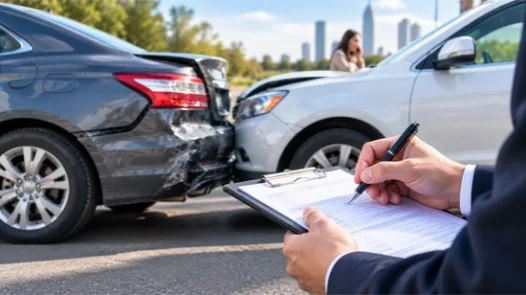 An insurance adjuster writing on a clipboard at the scene of a rear-end car accident, with two damaged vehicles and another driver on the phone in the background, representing a fault dispute in an Illinois personal injury claim