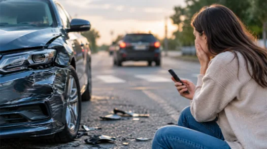 A distressed woman sitting on the road next to her damaged car, holding her phone to call for help, while the other vehicle involved in the crash drives away in the background, representing a hit-and-run accident
