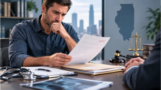 A man reviewing paperwork across the desk from an attorney, with the Chicago skyline and an outline of Illinois in the background, representing a denied personal injury insurance claim