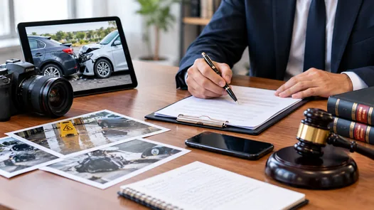 A lawyer's desk with a hand signing a clipboard document, a tablet showing a car accident photo, a camera, printed accident scene photos, a smartphone, a notepad, and a gavel with law books, representing the evidence used to prove negligence in a personal injury case