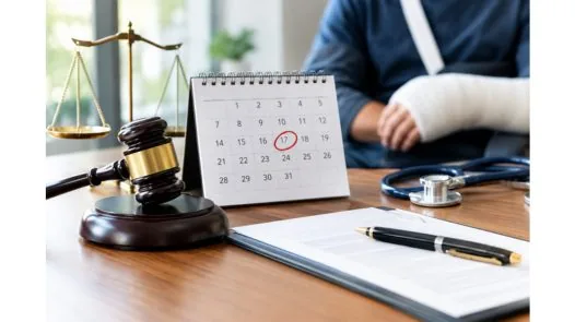 A judge's gavel, a calendar with a filing deadline circled, and a medical case file on a desk, representing the personal injury statute of limitations