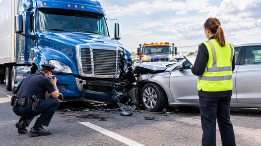 A police officer and a woman in a safety vest inspecting a damaged semi-truck and a silver car after a truck accident on a highway, representing who is liable in an Illinois truck accident case