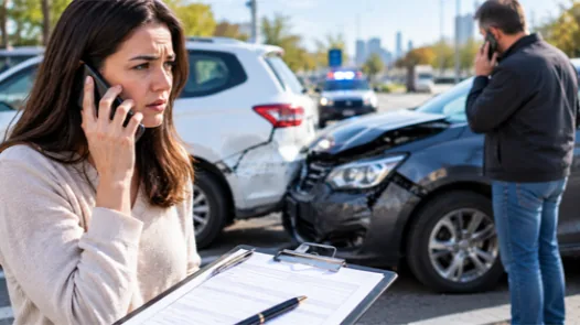 A worried woman on the phone holding a clipboard at the scene of a car accident, with a damaged vehicle and another driver on the phone in the background, representing a claim involving an uninsured motorist in Illinois